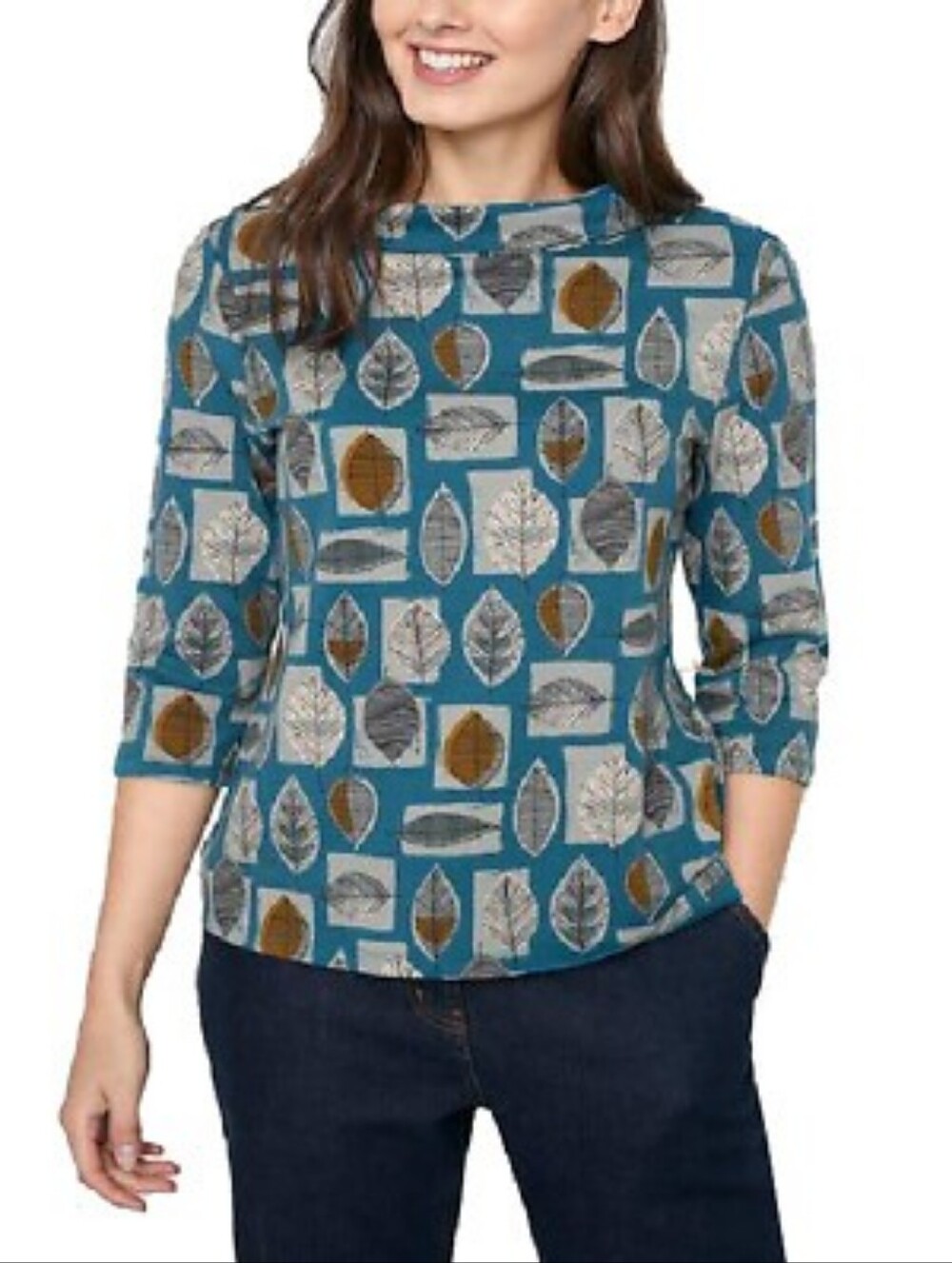 Seasalt Cornwall Leaf-Print Blue Turtleneck Sweater Top
